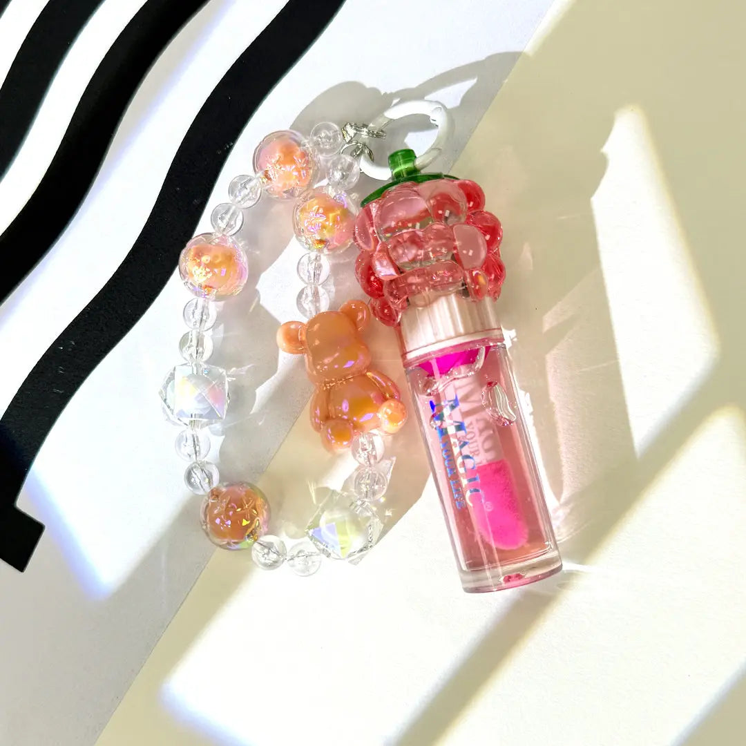 Kawaii Bear & Berry Lip Gloss Keychain Cute Fruit-Inspired Moisturizing Lip Gloss Charm