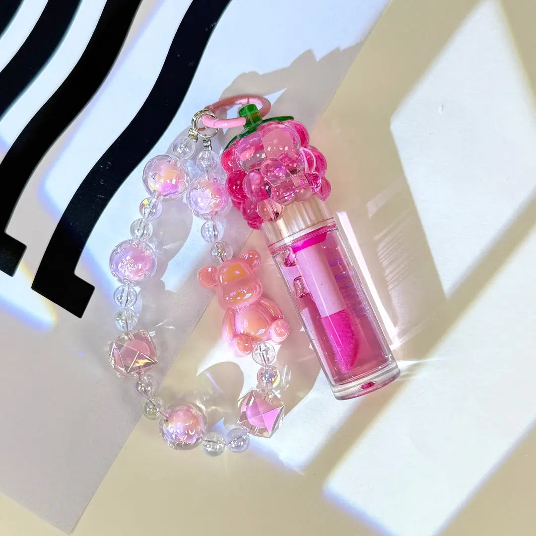 Kawaii Bear & Berry Lip Gloss Keychain Cute Fruit-Inspired Moisturizing Lip Gloss Charm