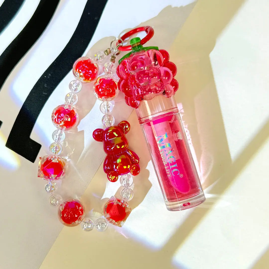 Kawaii Bear & Berry Lip Gloss Keychain Cute Fruit-Inspired Moisturizing Lip Gloss Charm