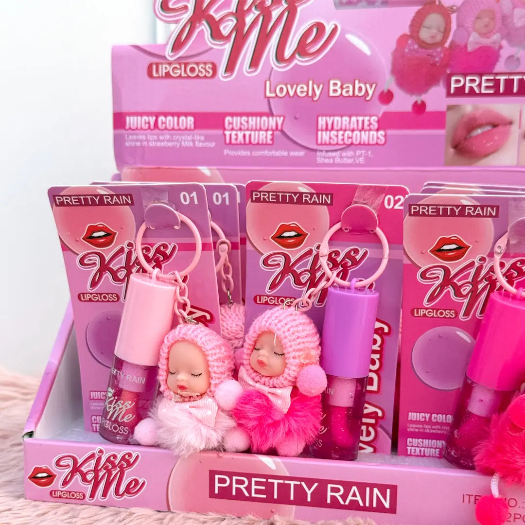 Baby Doll Lip Gloss Keychain Moisturizing Glitter Lip Gloss with Cute Plush Charm
