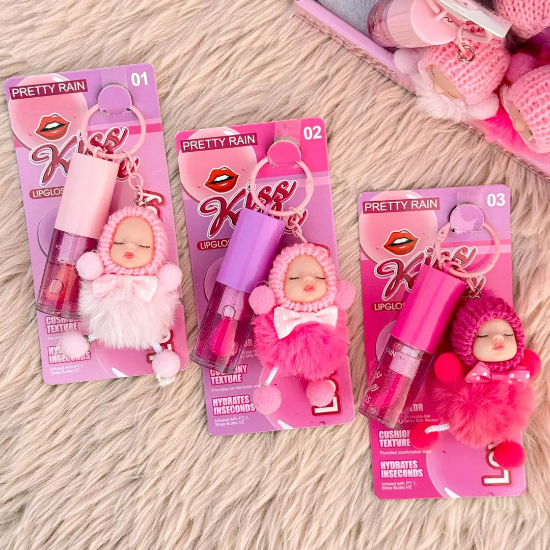 Baby Doll Lip Gloss Keychain Moisturizing Glitter Lip Gloss with Cute Plush Charm