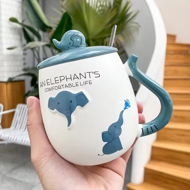 Creative Elephant Ceramic Mug with Lid & Spoon Cute Cartoon Coffee Cup Gift