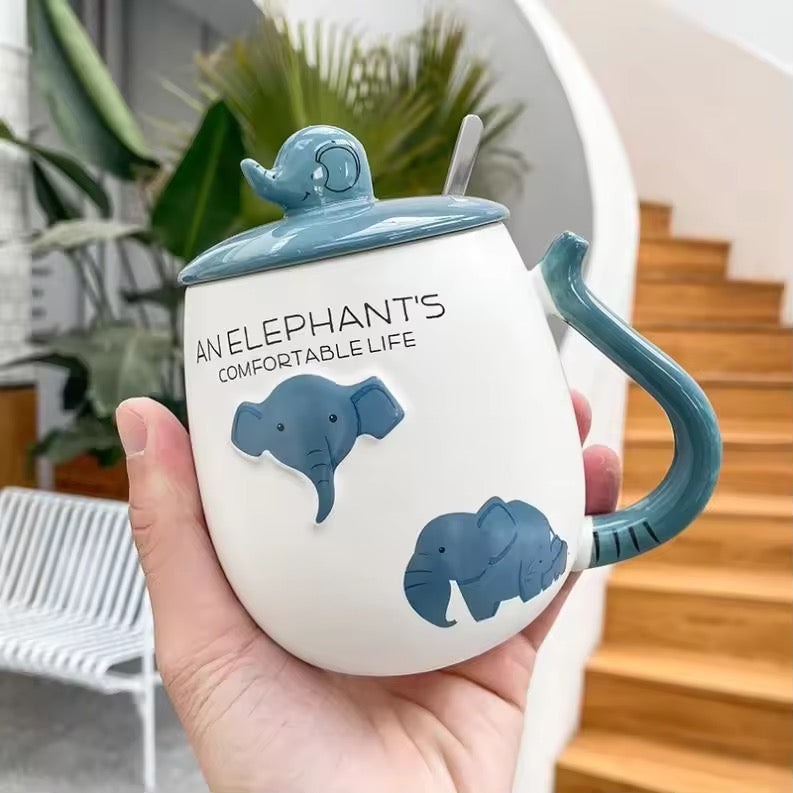 Creative Elephant Ceramic Mug with Lid & Spoon Cute Cartoon Coffee Cup Gift
