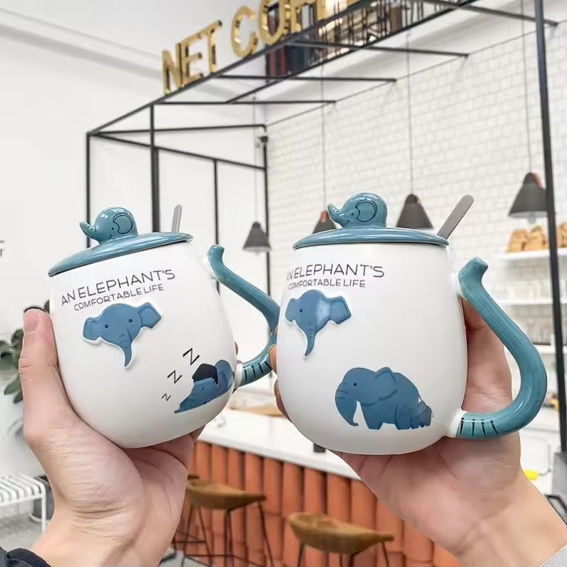 Creative Elephant Ceramic Mug with Lid & Spoon Cute Cartoon Coffee Cup Gift
