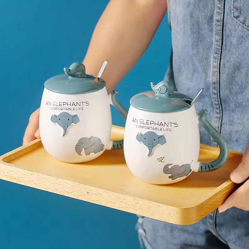 Creative Elephant Ceramic Mug with Lid & Spoon Cute Cartoon Coffee Cup Gift