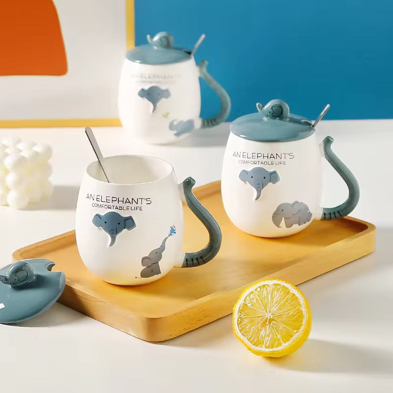 Creative Elephant Ceramic Mug with Lid & Spoon Cute Cartoon Coffee Cup Gift