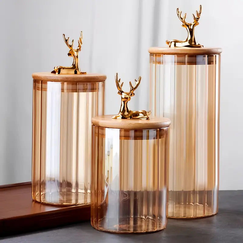 3 Piece Glass Storage Jar Set with Deer Lid