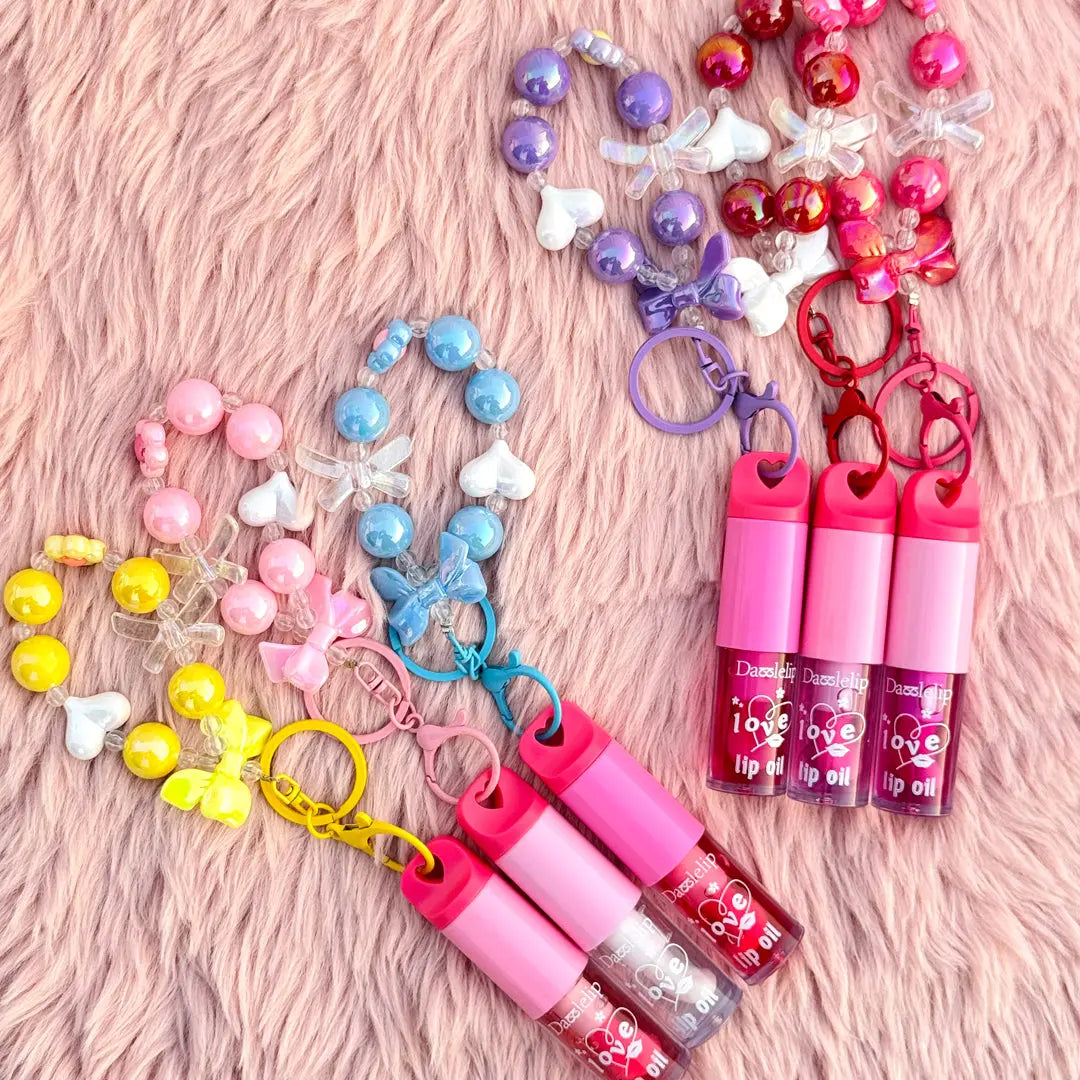 Love Lip Oil Keychain with Beaded Bracelet Charm Moisturizing Glossy Lip Oil
