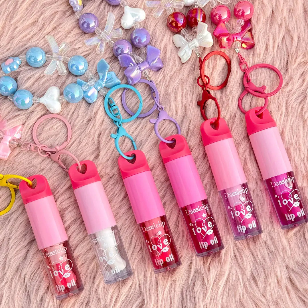 Love Lip Oil Keychain with Beaded Bracelet Charm Moisturizing Glossy Lip Oil