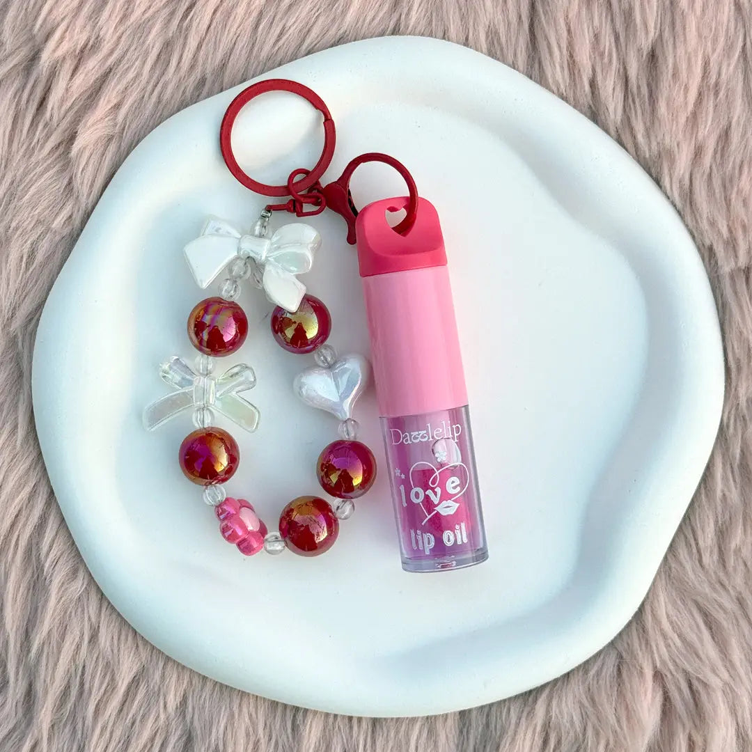 Love Lip Oil Keychain with Beaded Bracelet Charm Moisturizing Glossy Lip Oil