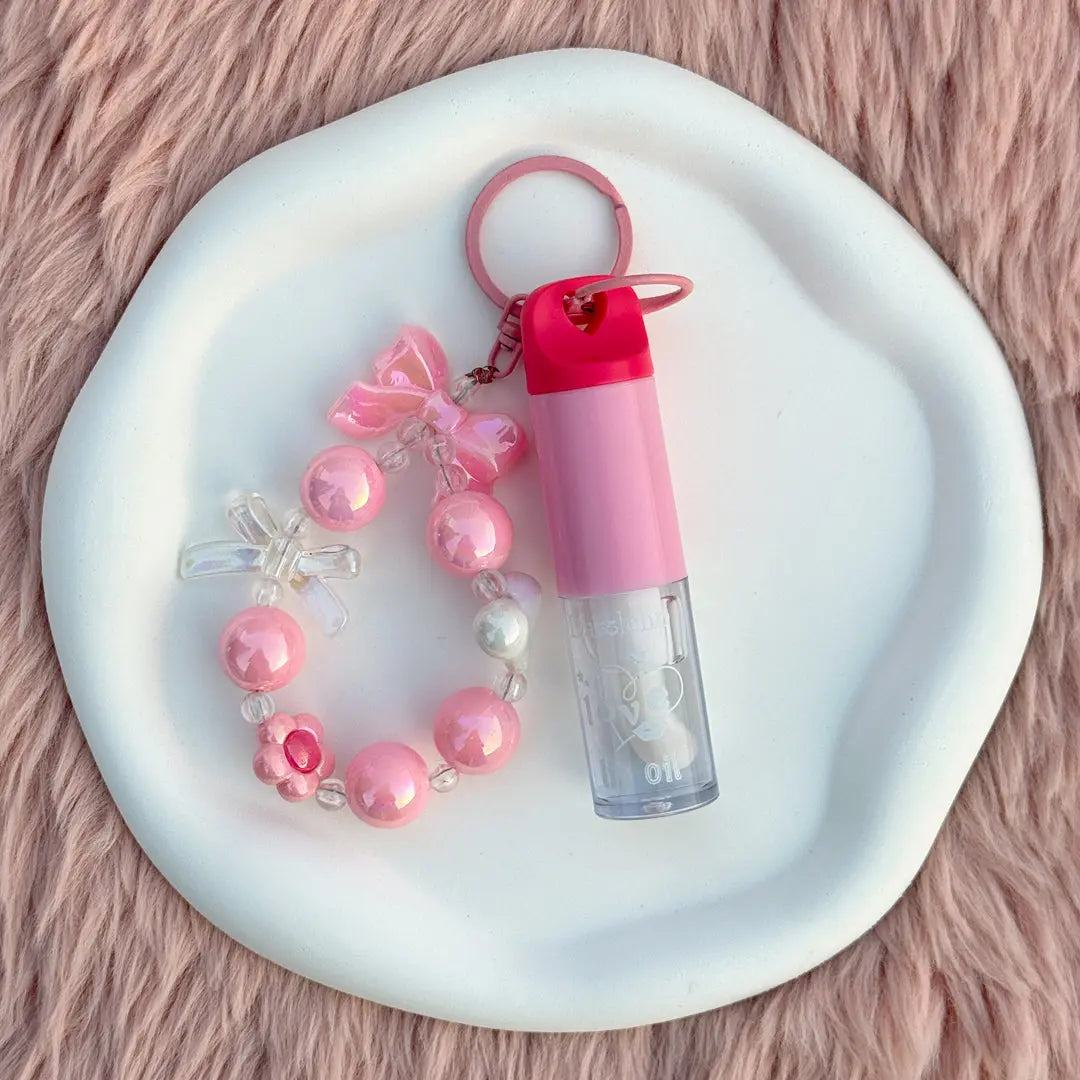 Love Lip Oil Keychain with Beaded Bracelet Charm Moisturizing Glossy Lip Oil