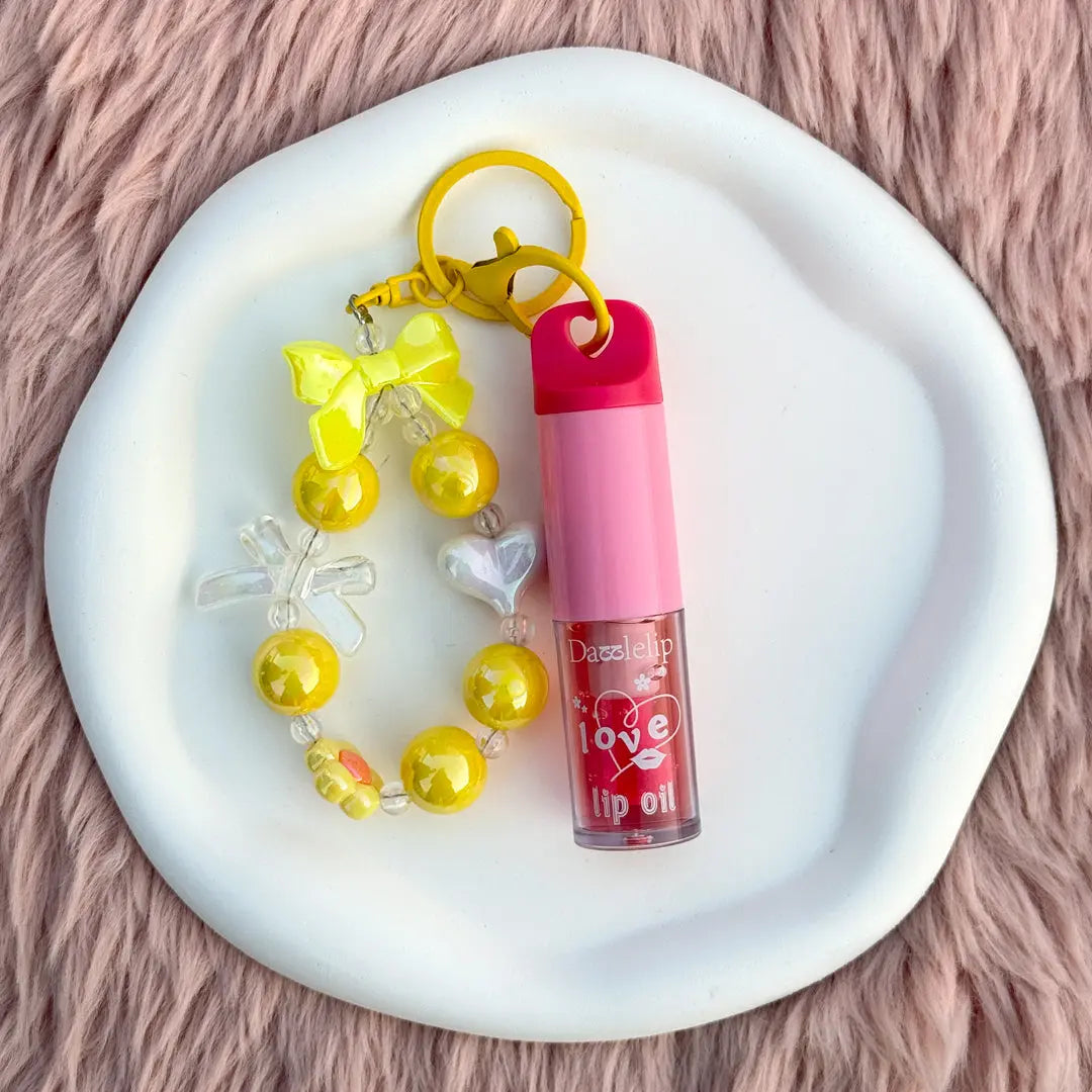 Love Lip Oil Keychain with Beaded Bracelet Charm Moisturizing Glossy Lip Oil