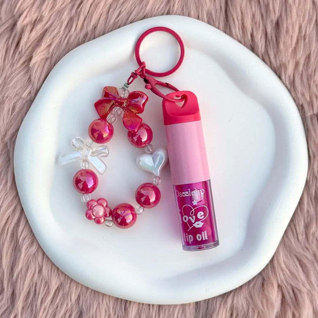 Love Lip Oil Keychain with Beaded Bracelet Charm Moisturizing Glossy Lip Oil