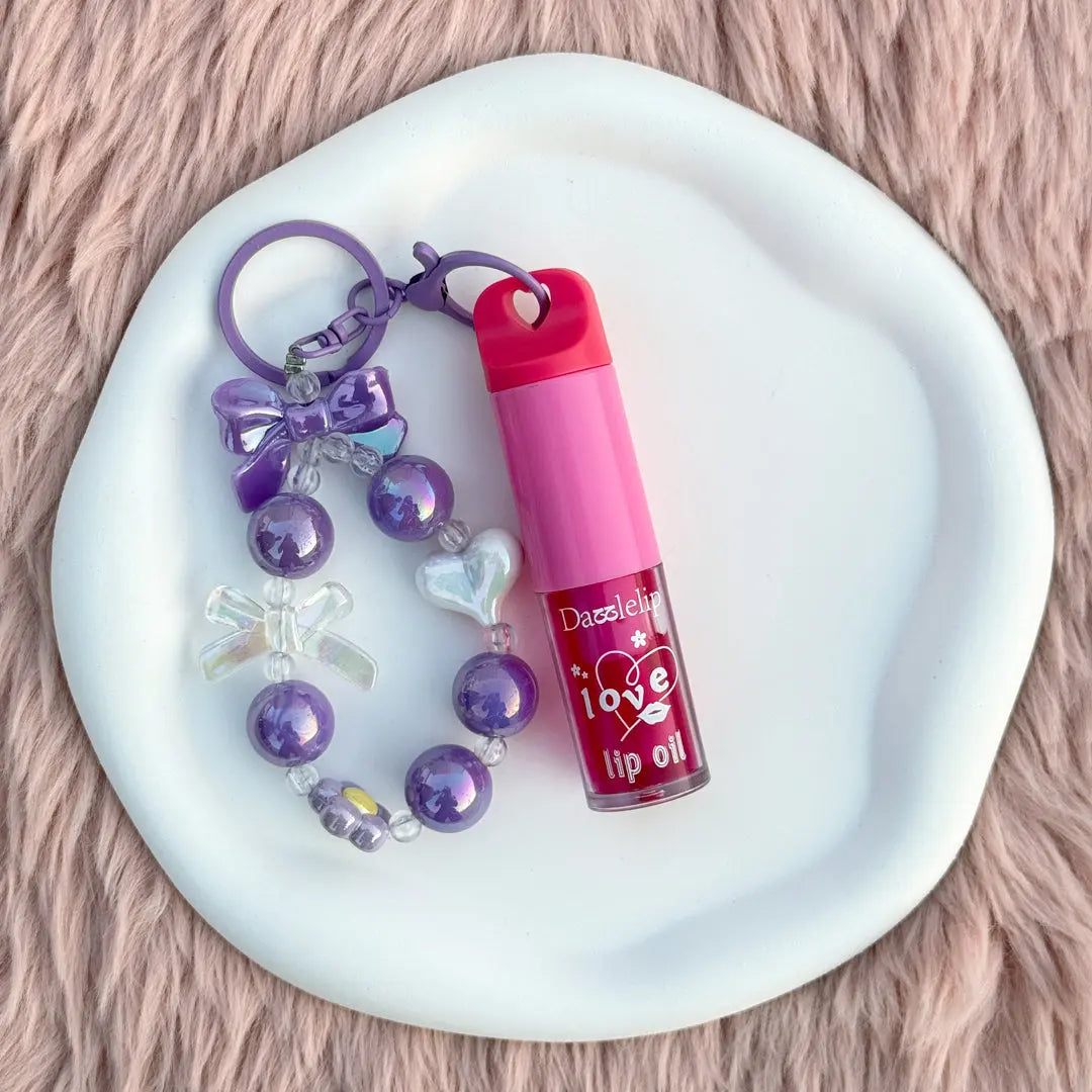 Love Lip Oil Keychain with Beaded Bracelet Charm Moisturizing Glossy Lip Oil