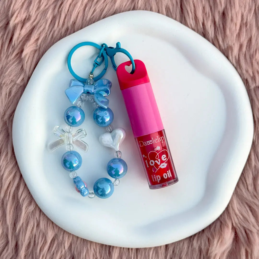 Love Lip Oil Keychain with Beaded Bracelet Charm Moisturizing Glossy Lip Oil