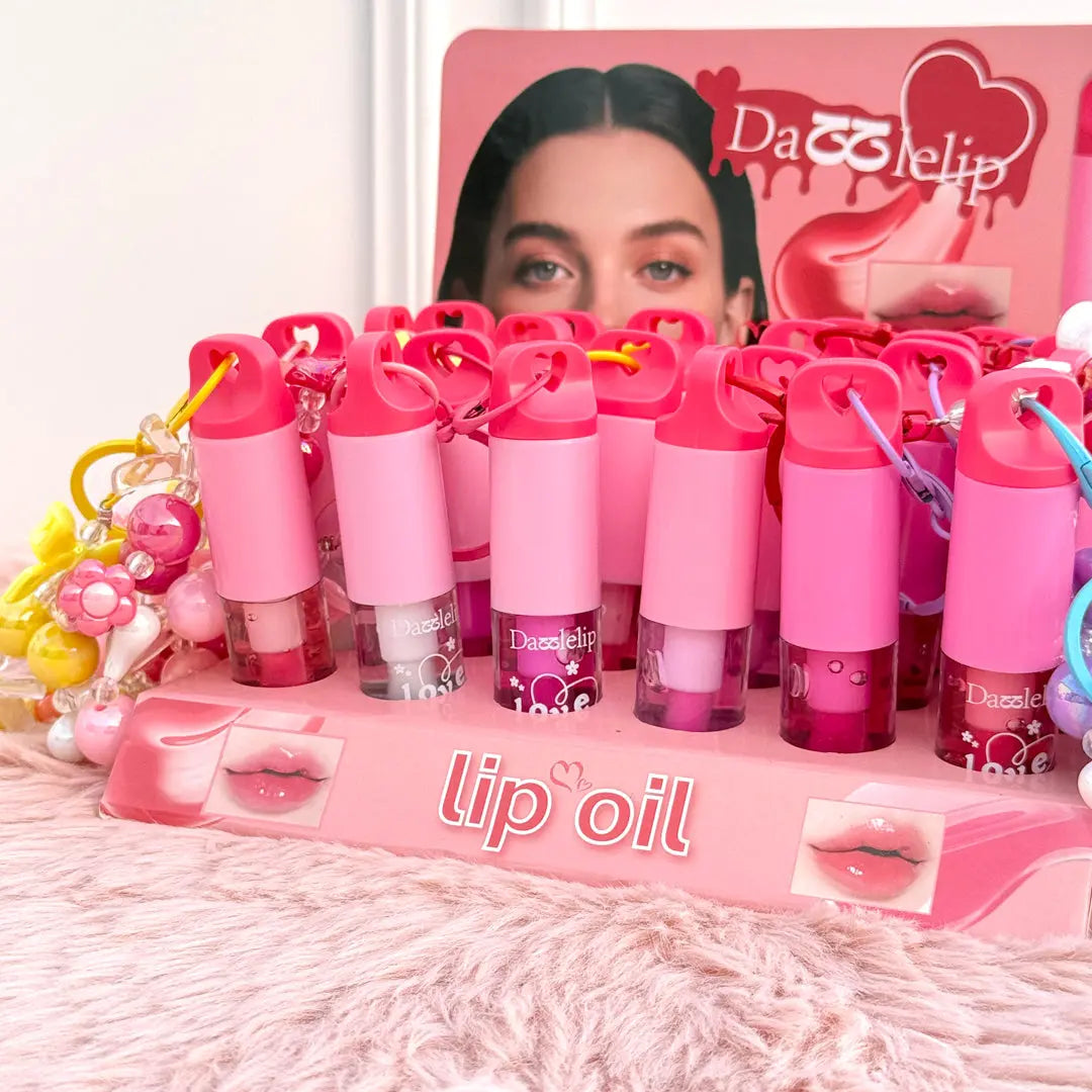 Love Lip Oil Keychain with Beaded Bracelet Charm Moisturizing Glossy Lip Oil