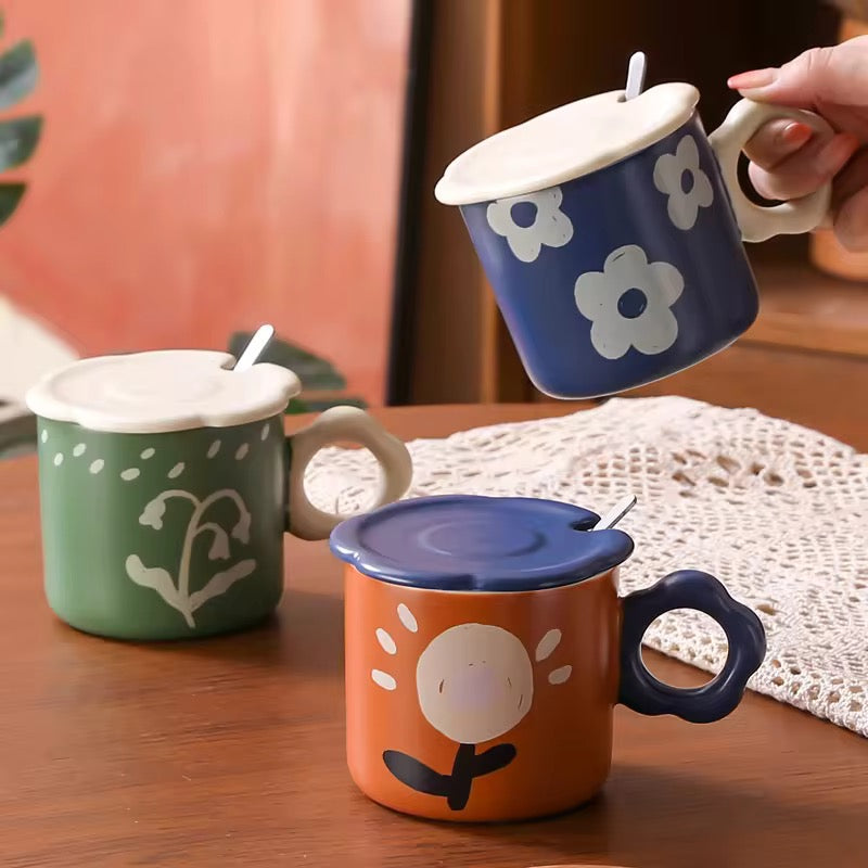 Vintage Oil Painting Ceramic Cup with Lid & Spoon Heat-Resistant Coffee Mug Gift