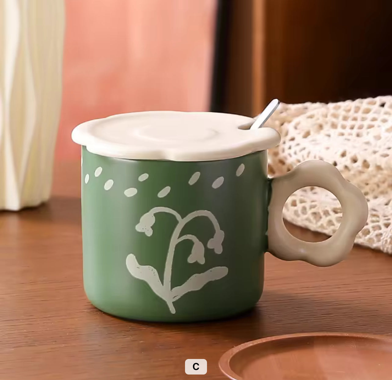 Vintage Oil Painting Ceramic Cup with Lid & Spoon Heat-Resistant Coffee Mug Gift