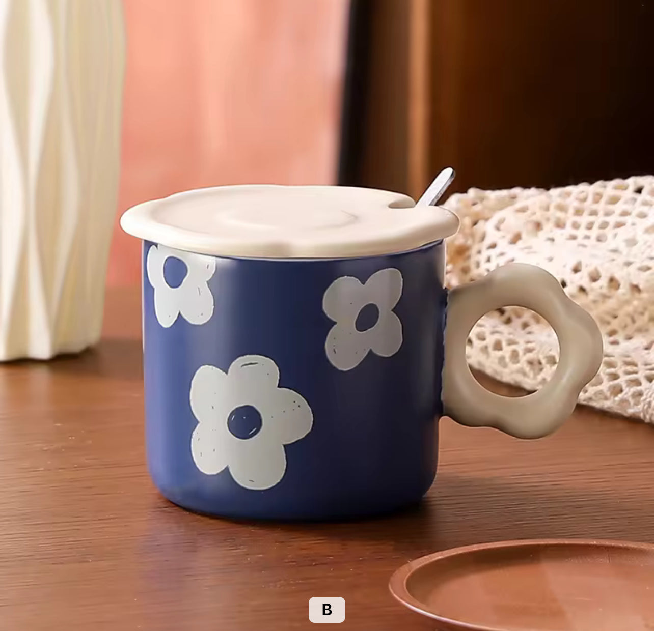 Vintage Oil Painting Ceramic Cup with Lid & Spoon Heat-Resistant Coffee Mug Gift