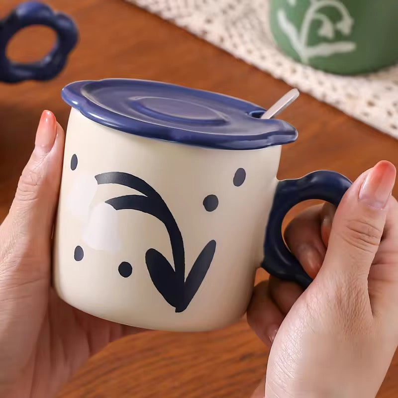 Vintage Oil Painting Ceramic Cup with Lid & Spoon Heat-Resistant Coffee Mug Gift