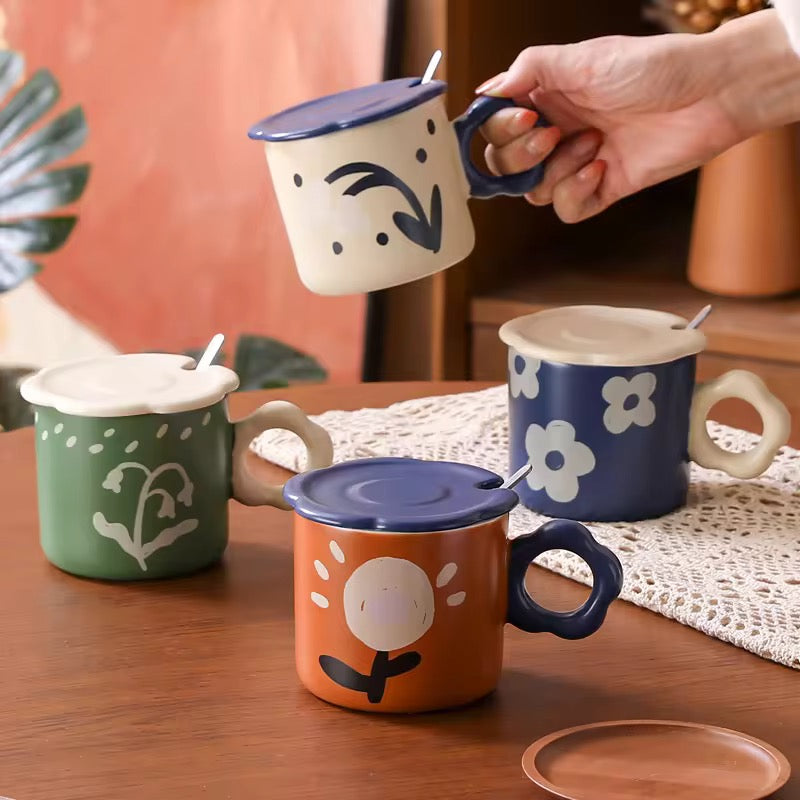 Vintage Oil Painting Ceramic Cup with Lid & Spoon Heat-Resistant Coffee Mug Gift