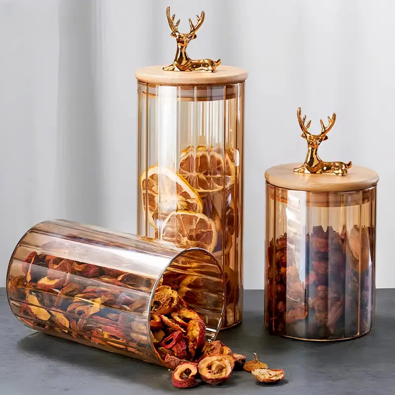 3 Piece Glass Storage Jar Set with Deer Lid
