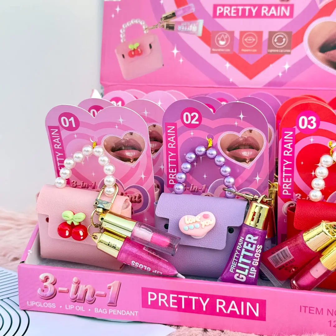 3-in-1 Glitter Lip Gloss Keychain with Mini Purse Charm Lip Gloss, Lip Oil & Bag Pendant