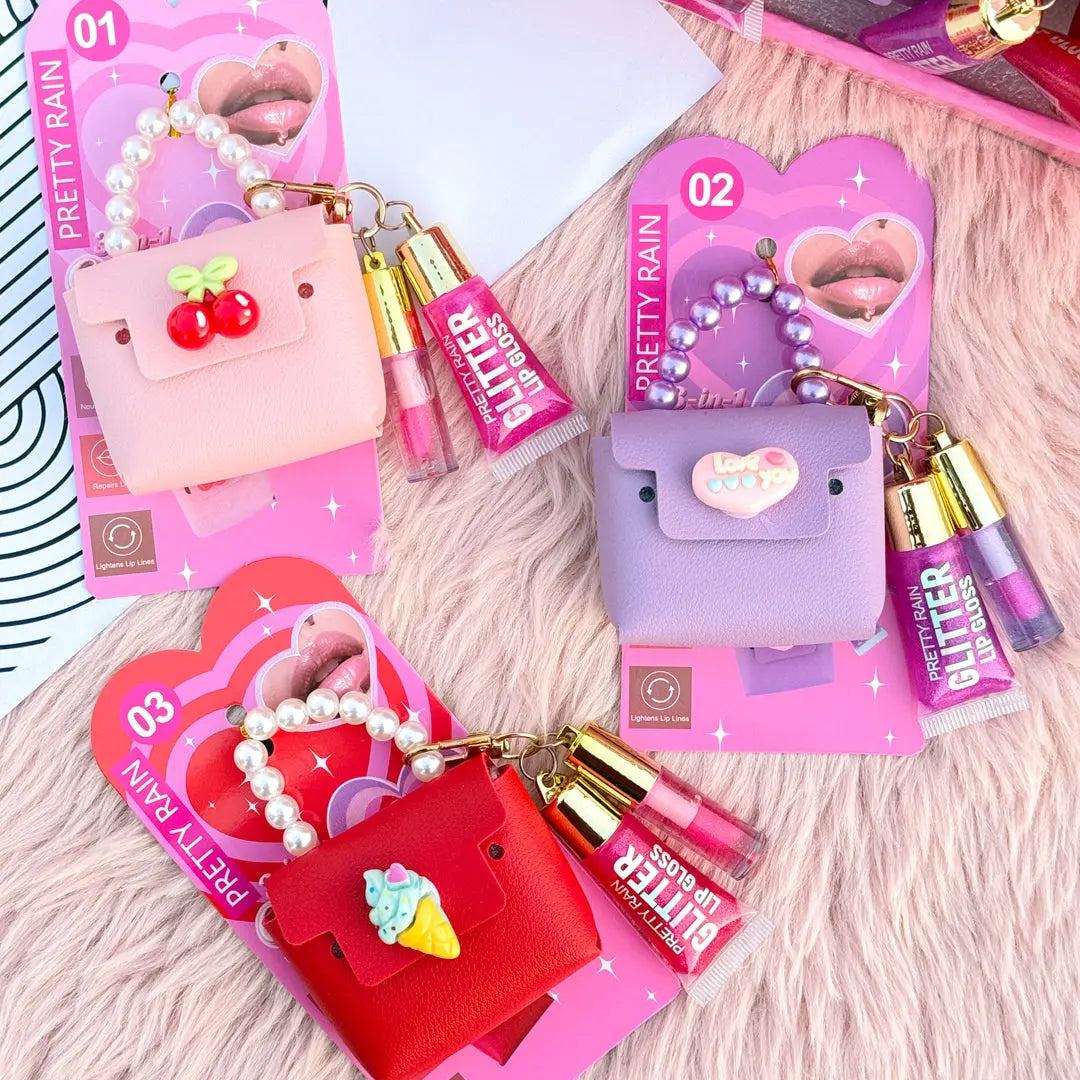 3-in-1 Glitter Lip Gloss Keychain with Mini Purse Charm Lip Gloss, Lip Oil & Bag Pendant