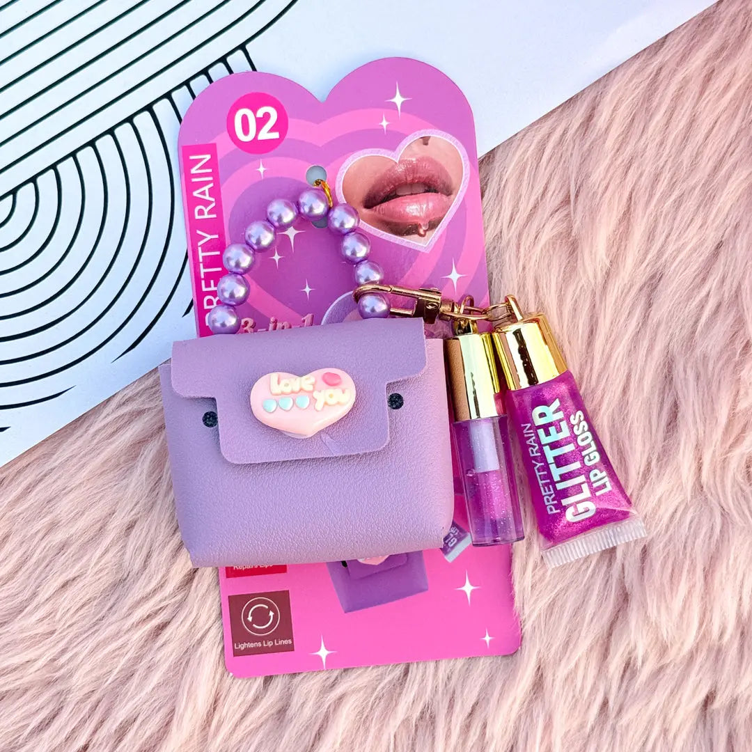 3-in-1 Glitter Lip Gloss Keychain with Mini Purse Charm Lip Gloss, Lip Oil & Bag Pendant