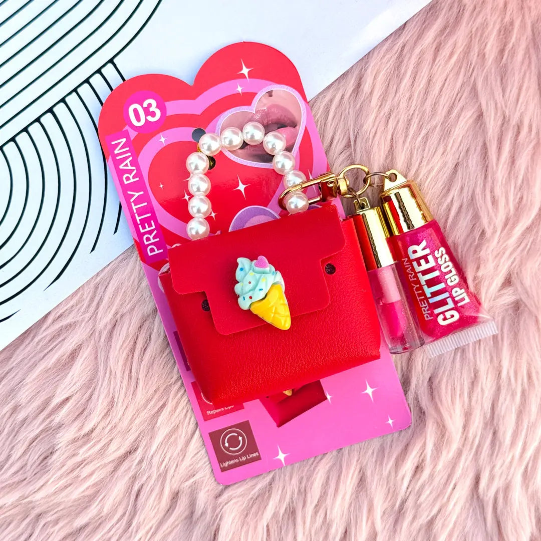 3-in-1 Glitter Lip Gloss Keychain with Mini Purse Charm Lip Gloss, Lip Oil & Bag Pendant