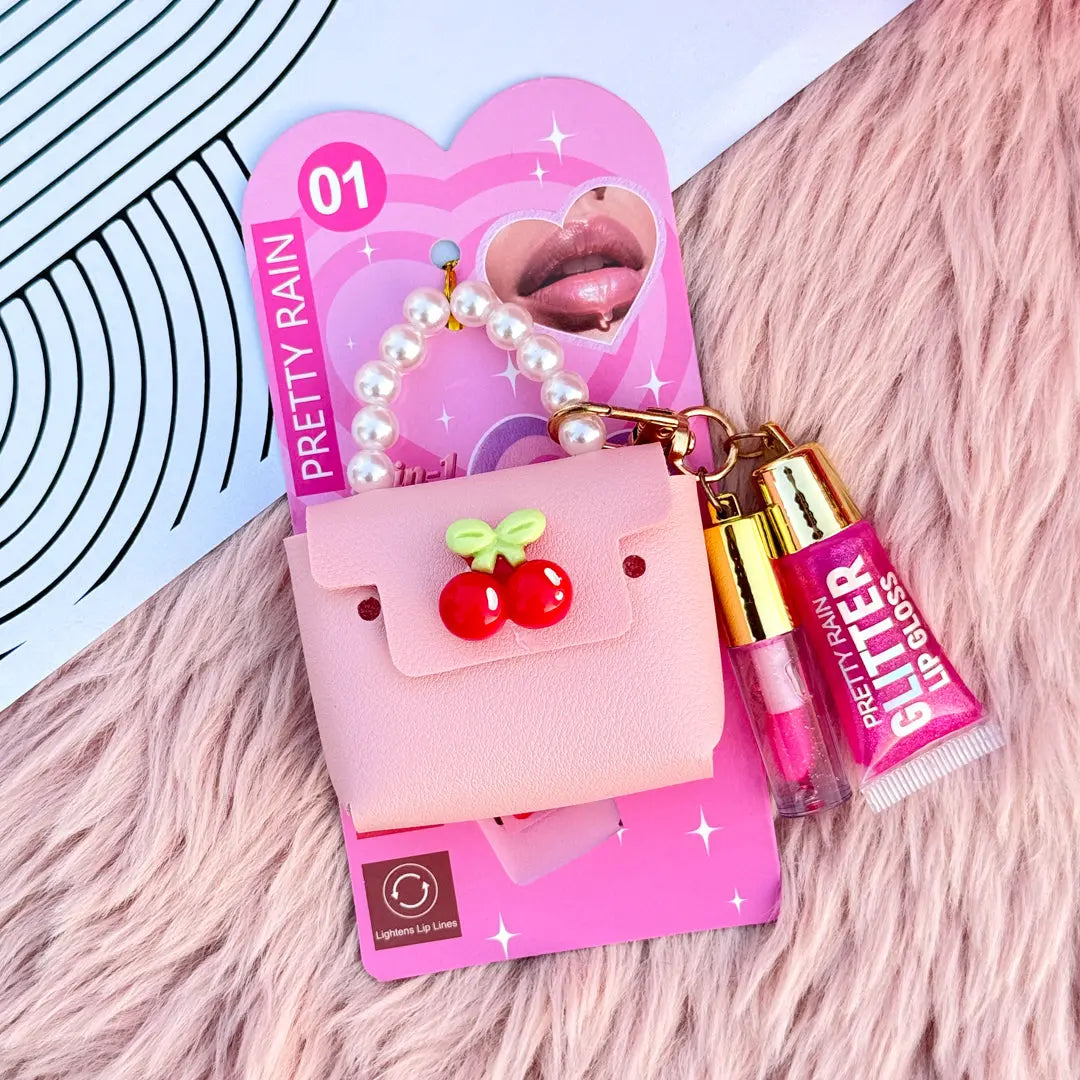 3-in-1 Glitter Lip Gloss Keychain with Mini Purse Charm Lip Gloss, Lip Oil & Bag Pendant