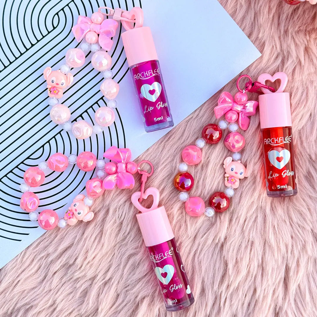 Cute Beaded Bracelet Lip Gloss Keychain Heart Clip Moisturizing Lip Gloss Charm