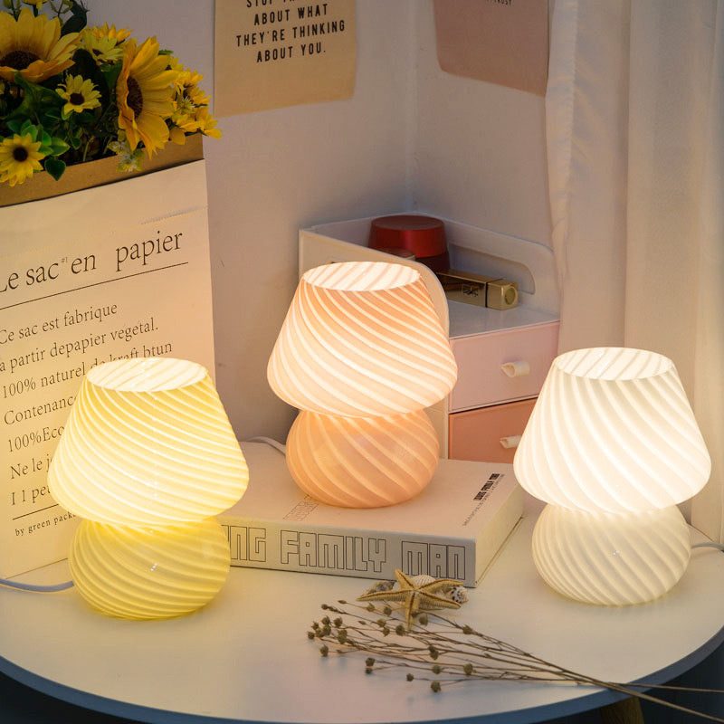 Striped Mushroom LED Night Lamp INS Style Murano Glass-Inspired Bedside Desk Light for Baby Rooms & Bedroom Décor