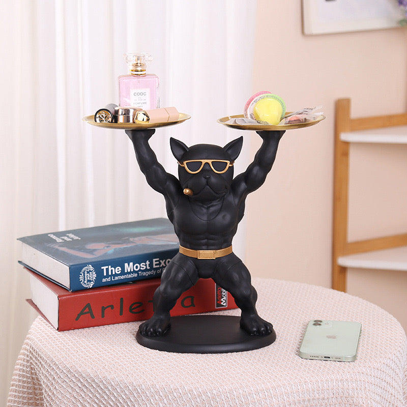 Muscle Bulldog Resin Statue  Cool Dog Figurine Tray for Home Decor, Desk Ornament & Key Storage