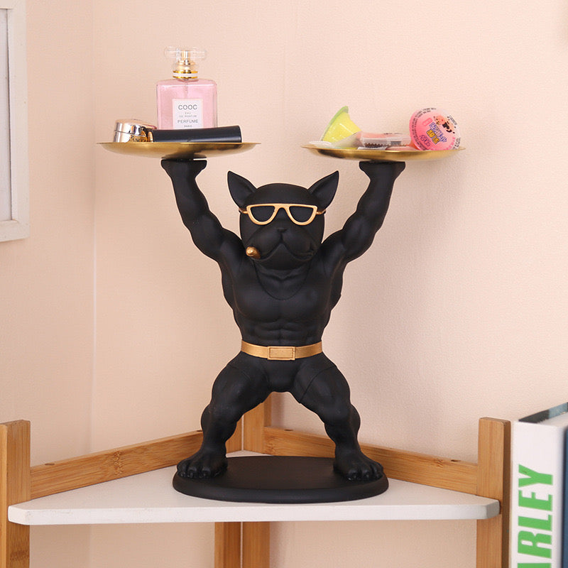 Muscle Bulldog Resin Statue  Cool Dog Figurine Tray for Home Decor, Desk Ornament & Key Storage