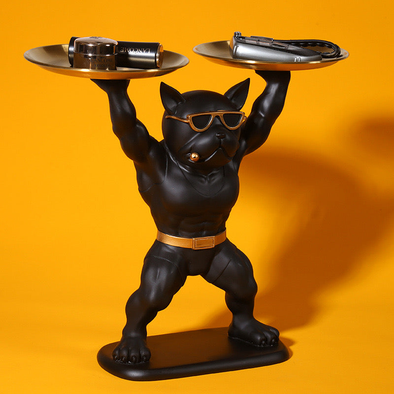 Muscle Bulldog Resin Statue  Cool Dog Figurine Tray for Home Decor, Desk Ornament & Key Storage