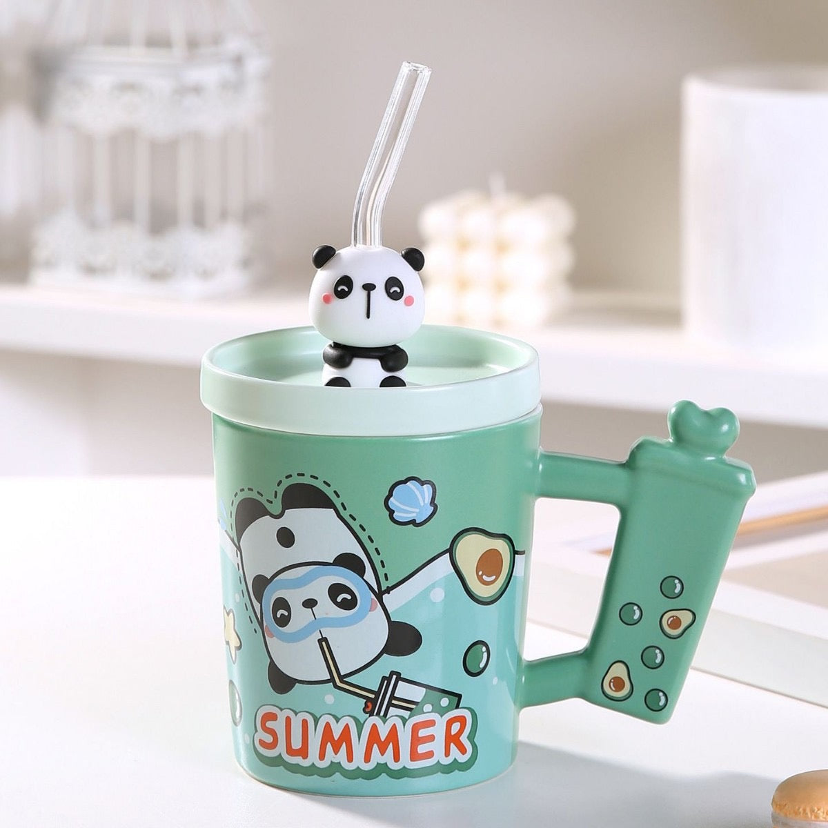 Creative Candy Color Cartoon Animal Ice Cream Ceramic Mug with Lid & Straw Cute Gift Water Cup
