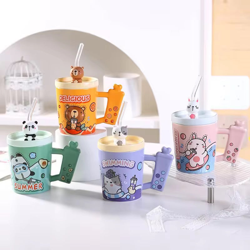 Creative Candy Color Cartoon Animal Ice Cream Ceramic Mug with Lid & Straw Cute Gift Water Cup