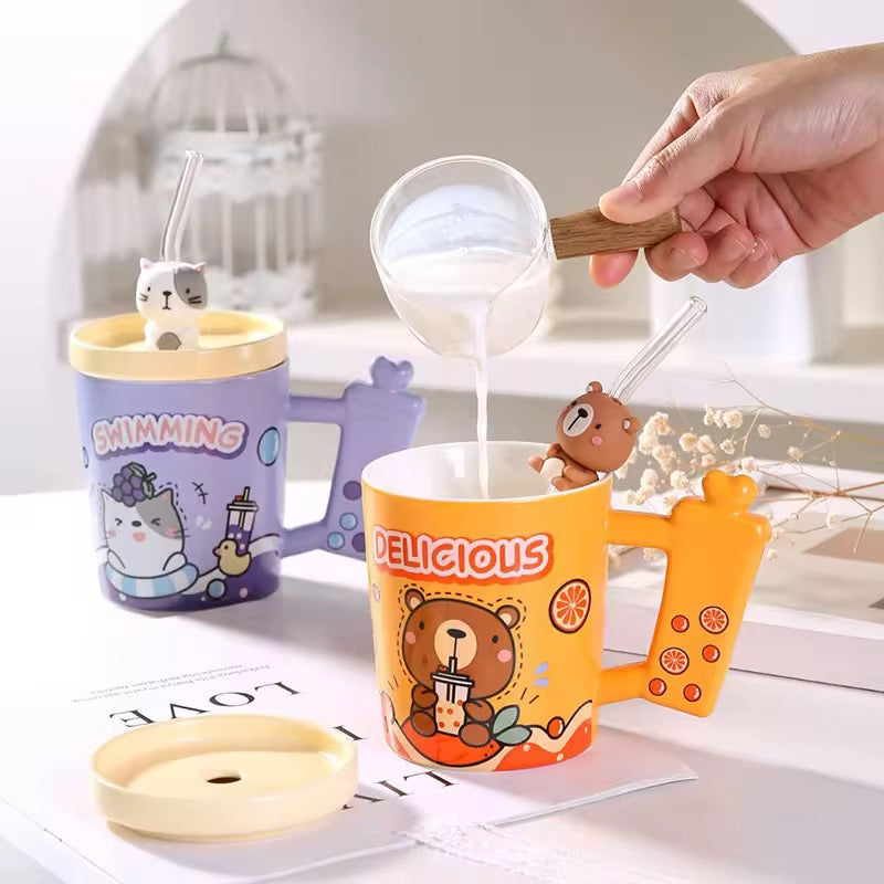Creative Candy Color Cartoon Animal Ice Cream Ceramic Mug with Lid & Straw Cute Gift Water Cup