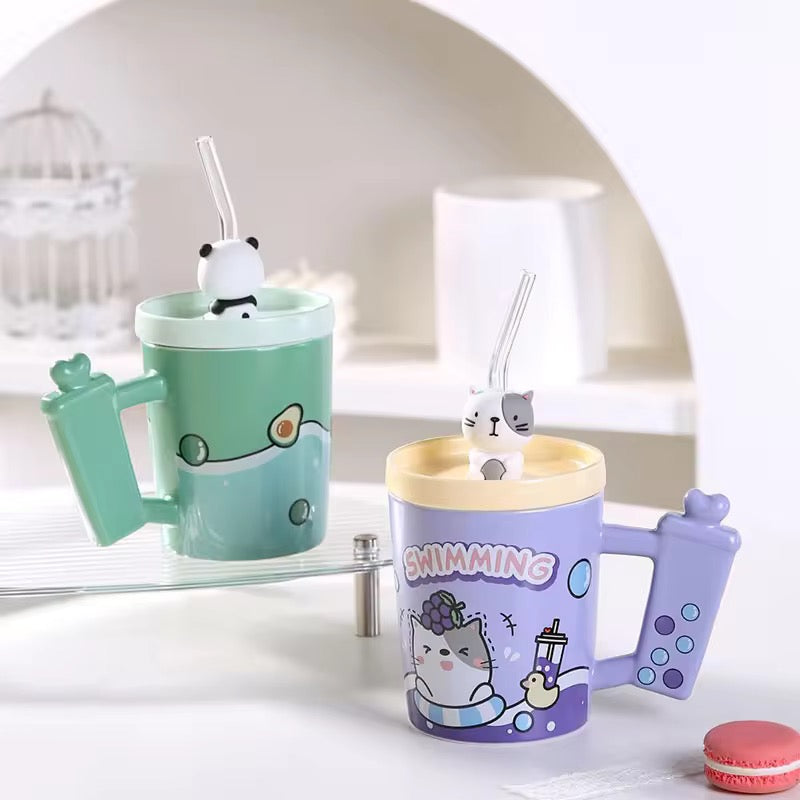 Creative Candy Color Cartoon Animal Ice Cream Ceramic Mug with Lid & Straw Cute Gift Water Cup