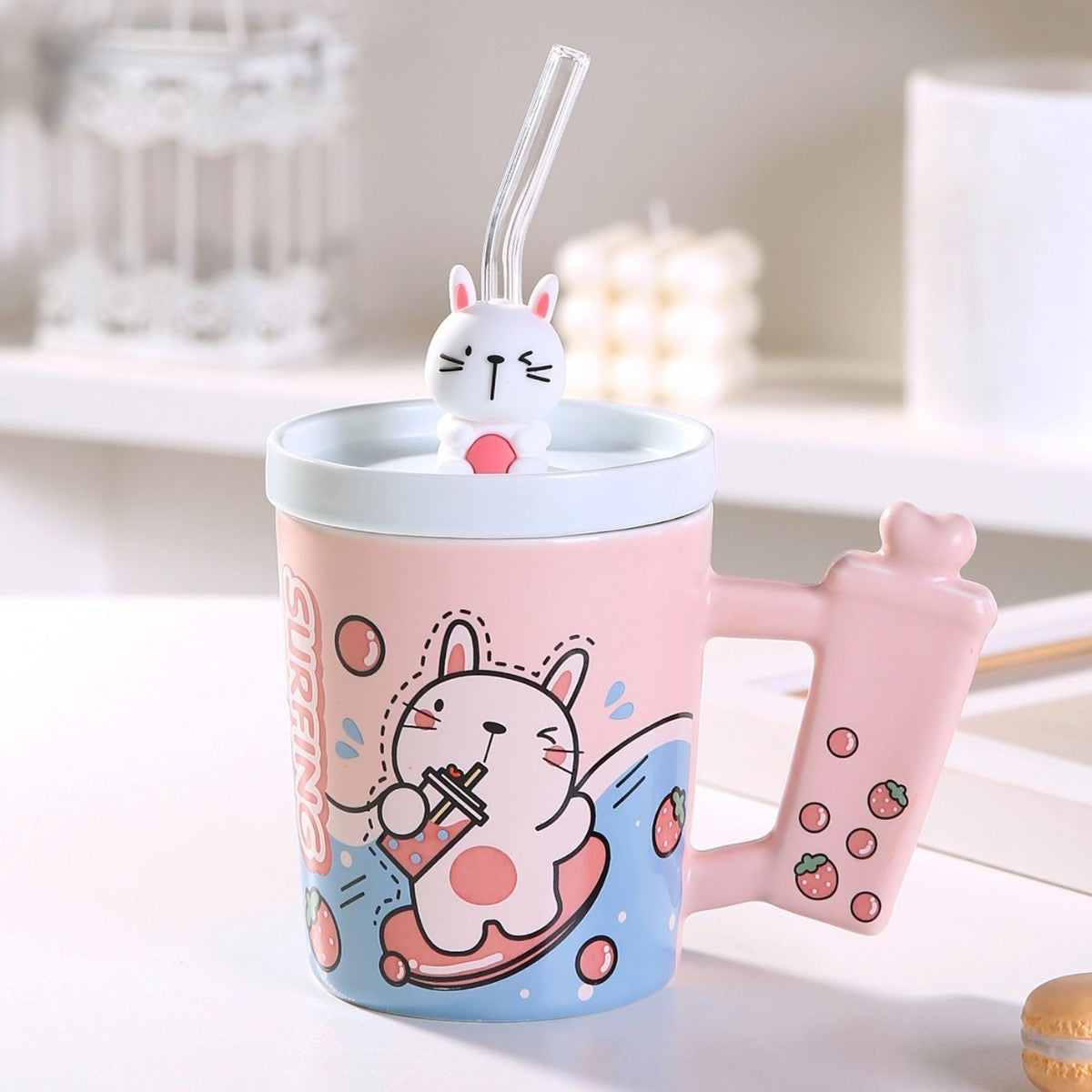 Creative Candy Color Cartoon Animal Ice Cream Ceramic Mug with Lid & Straw Cute Gift Water Cup