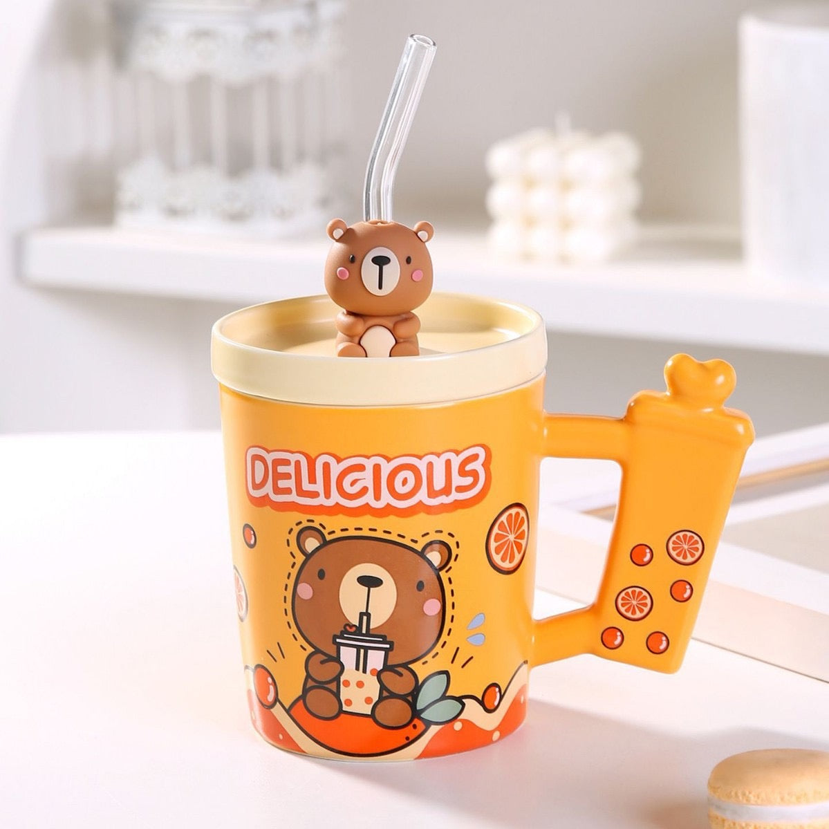 Creative Candy Color Cartoon Animal Ice Cream Ceramic Mug with Lid & Straw Cute Gift Water Cup