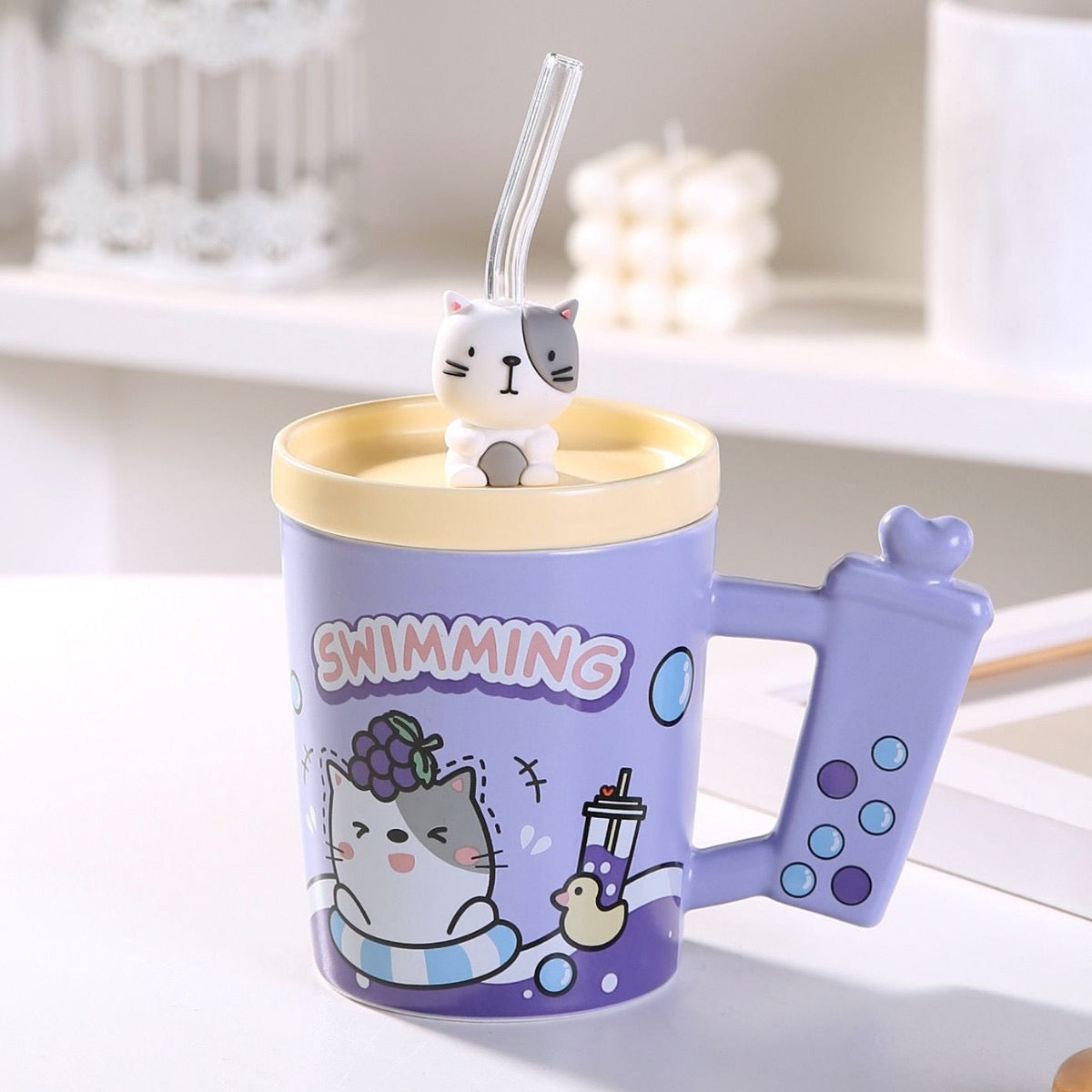 Creative Candy Color Cartoon Animal Ice Cream Ceramic Mug with Lid & Straw Cute Gift Water Cup