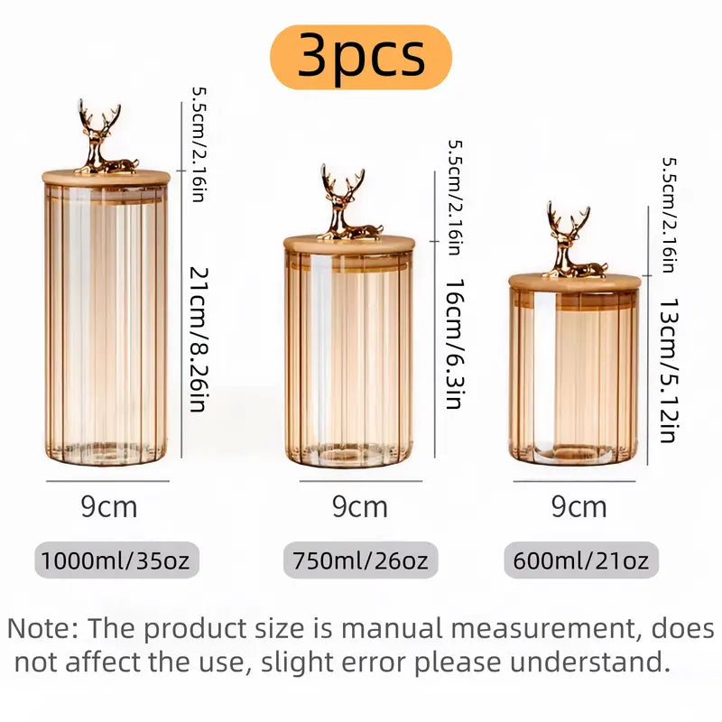 3 Piece Glass Storage Jar Set with Deer Lid