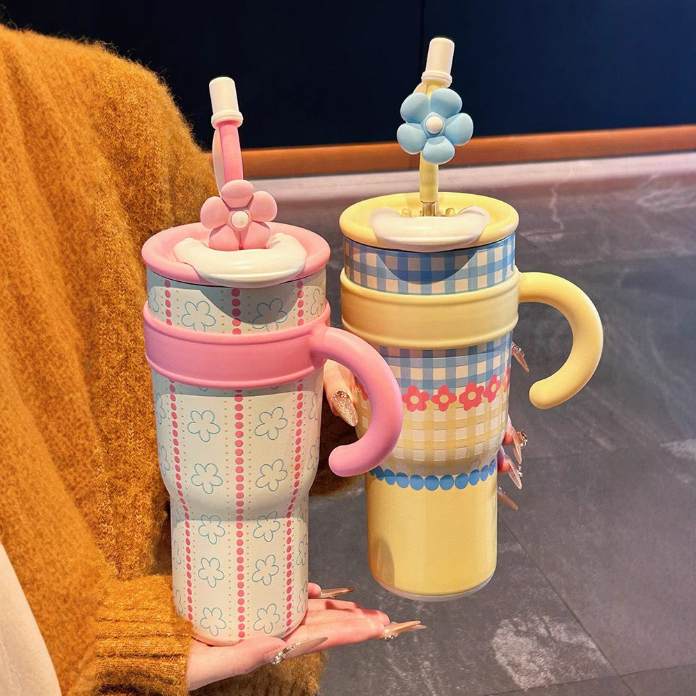 1200ml Mac Straw Thermos Cup Large Stainless Steel Tumbler with Handle & Lid Kawaii Travel Mug for Car, Office & Gifts