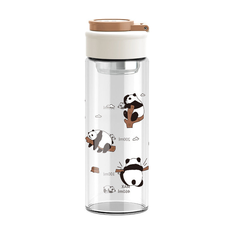 Panda Print High Borosilicate Glass Water Bottle 460ml Leakproof Travel Bottle