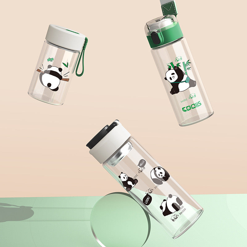 Panda Print High Borosilicate Glass Water Bottle 460ml Leakproof Travel Bottle