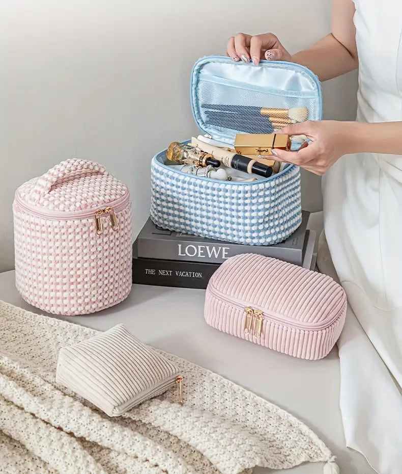4-Piece Cosmetic Storage Bag Set Quilted & Corduroy Travel Organizer Pouches