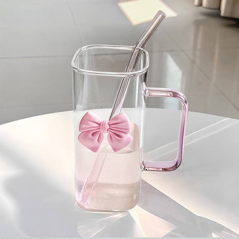 350ml Square Mug with Lid & Straw Cute Bow Handle Water Cup for Milk, Coffee & Juice Aesthetic Gift for Girls & Women