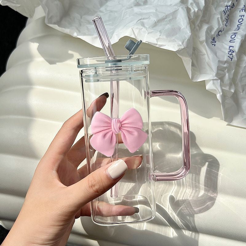 350ml Square Mug with Lid & Straw Cute Bow Handle Water Cup for Milk, Coffee & Juice Aesthetic Gift for Girls & Women